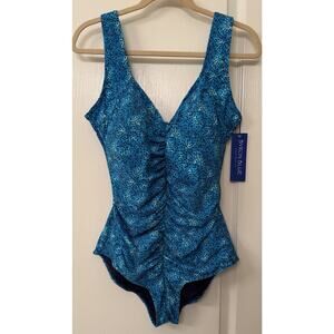 NWT Byron Blue Swim Dress Bathing Suit Size 16 Animal Turquoise Black One Piece